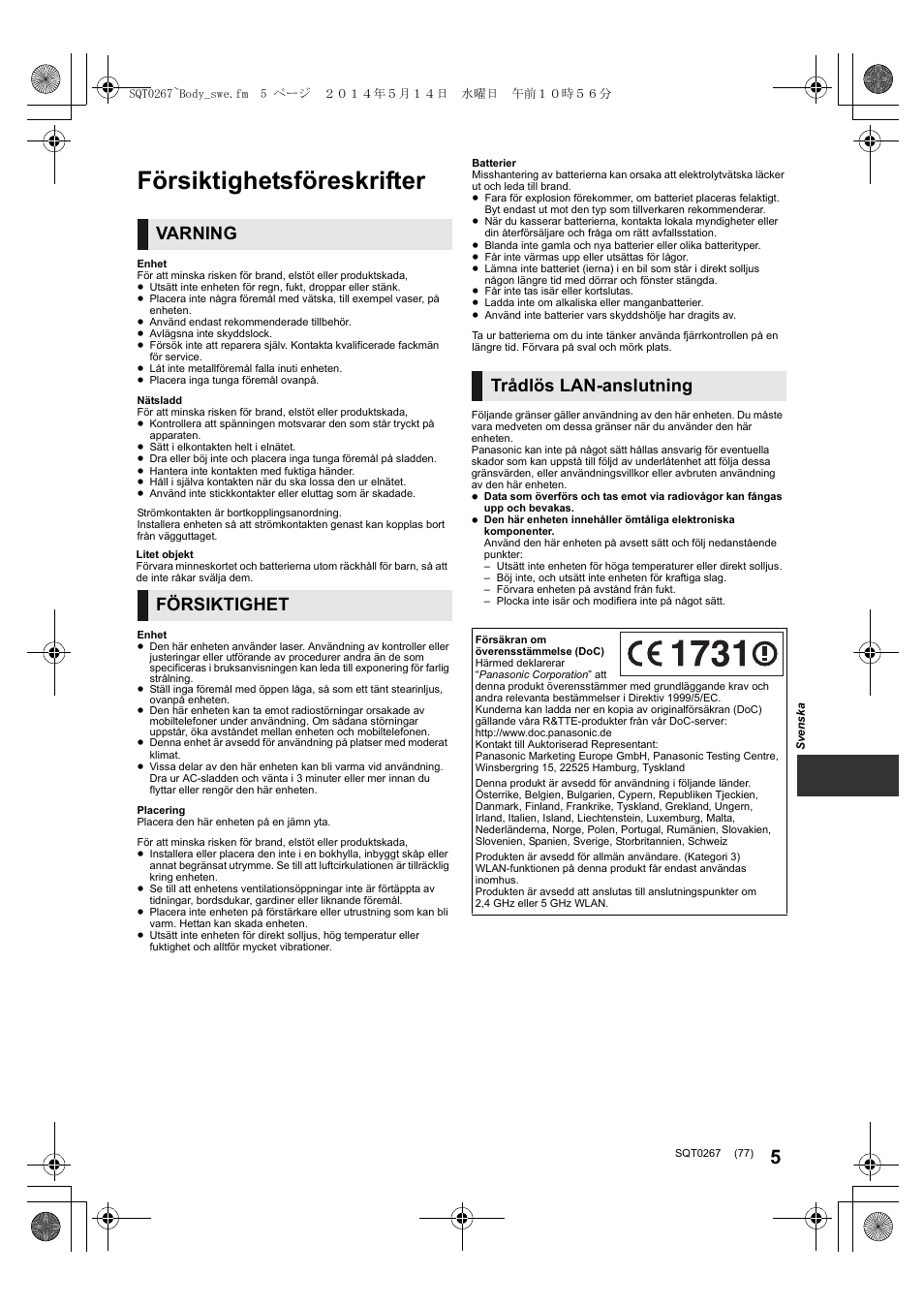 Försiktighetsföreskrifter, Varning, Försiktighet | Trådlös lan-anslutning | Panasonic DMPBDT700 User Manual | Page 77 / 112