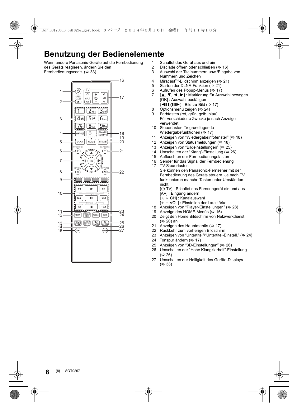 Benutzung der bedienelemente | Panasonic DMPBDT700 User Manual | Page 8 / 112