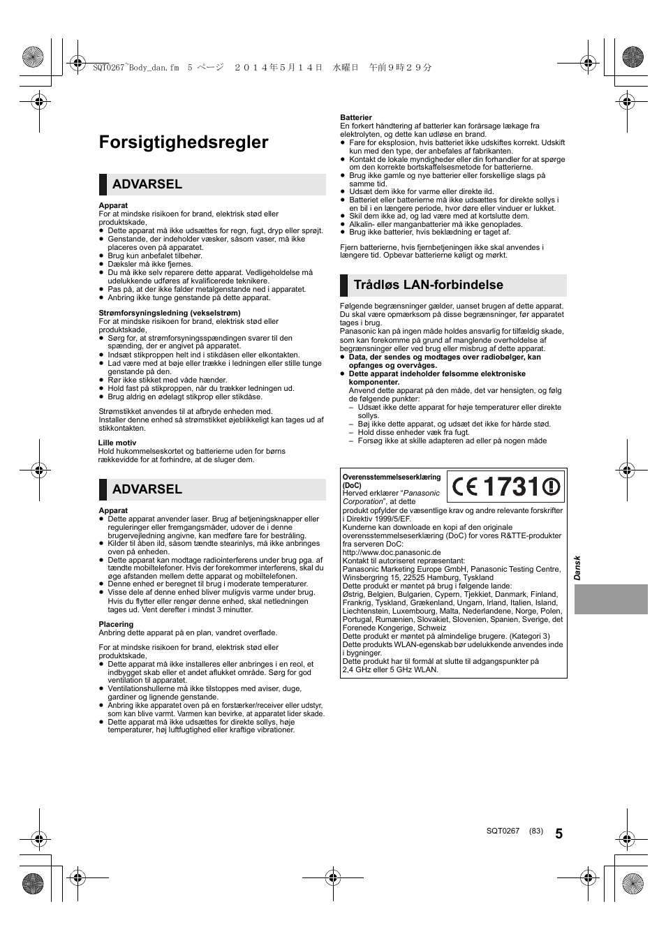 Forsigtighedsregler, Advarsel, Trådløs lan-forbindelse | Panasonic DMPBDT700 User Manual | Page 83 / 112