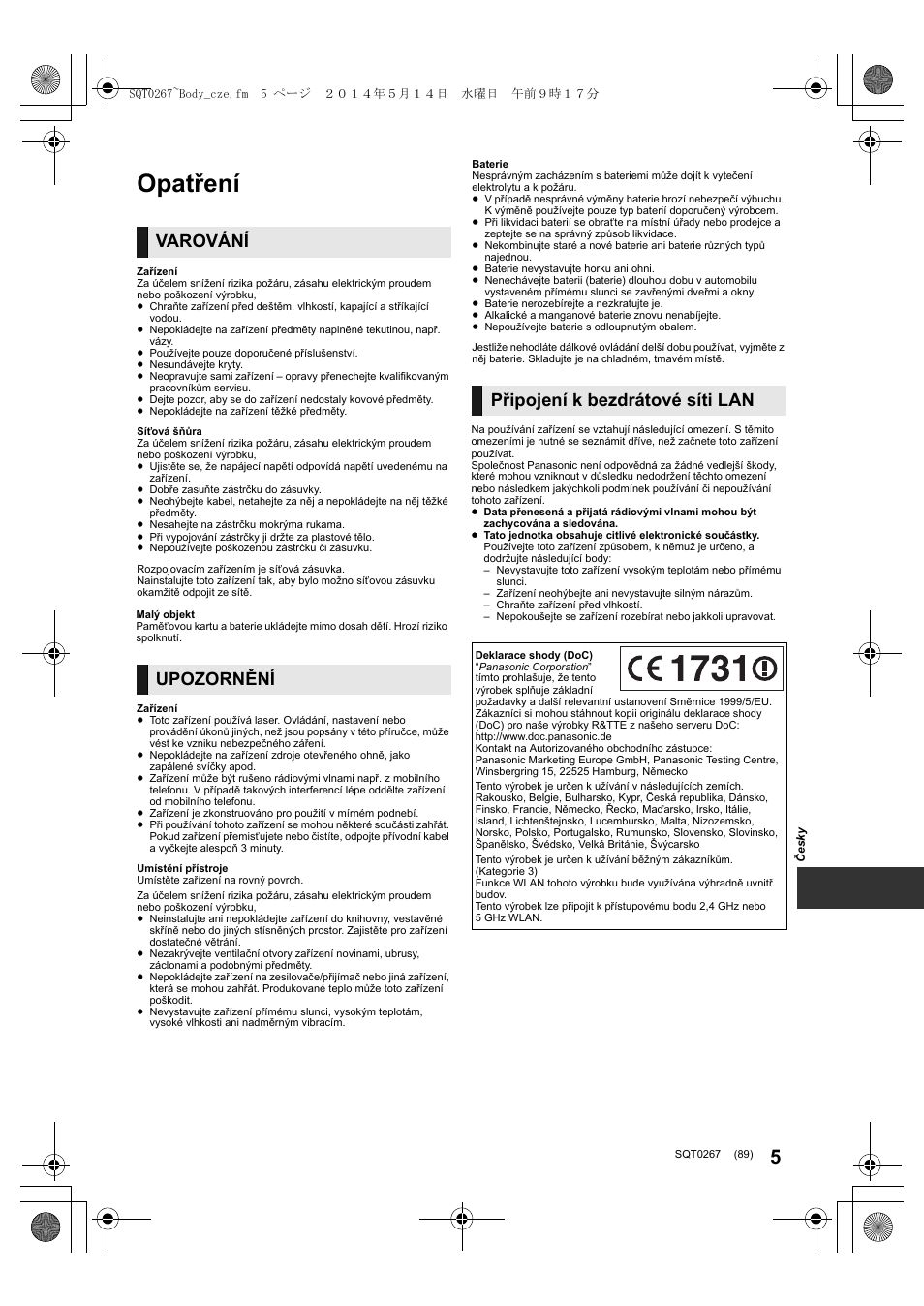 Opatření, Varování, Upozornění připojení k bezdrátové síti lan | Panasonic DMPBDT700 User Manual | Page 89 / 112