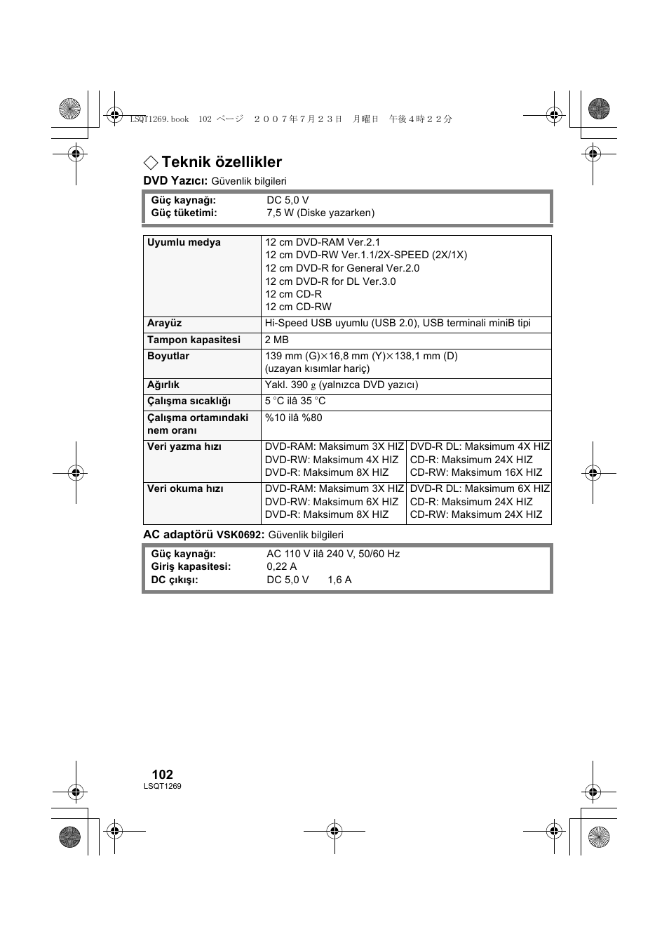 Teknik özellikler | Panasonic VWBN1 User Manual | Page 102 / 104