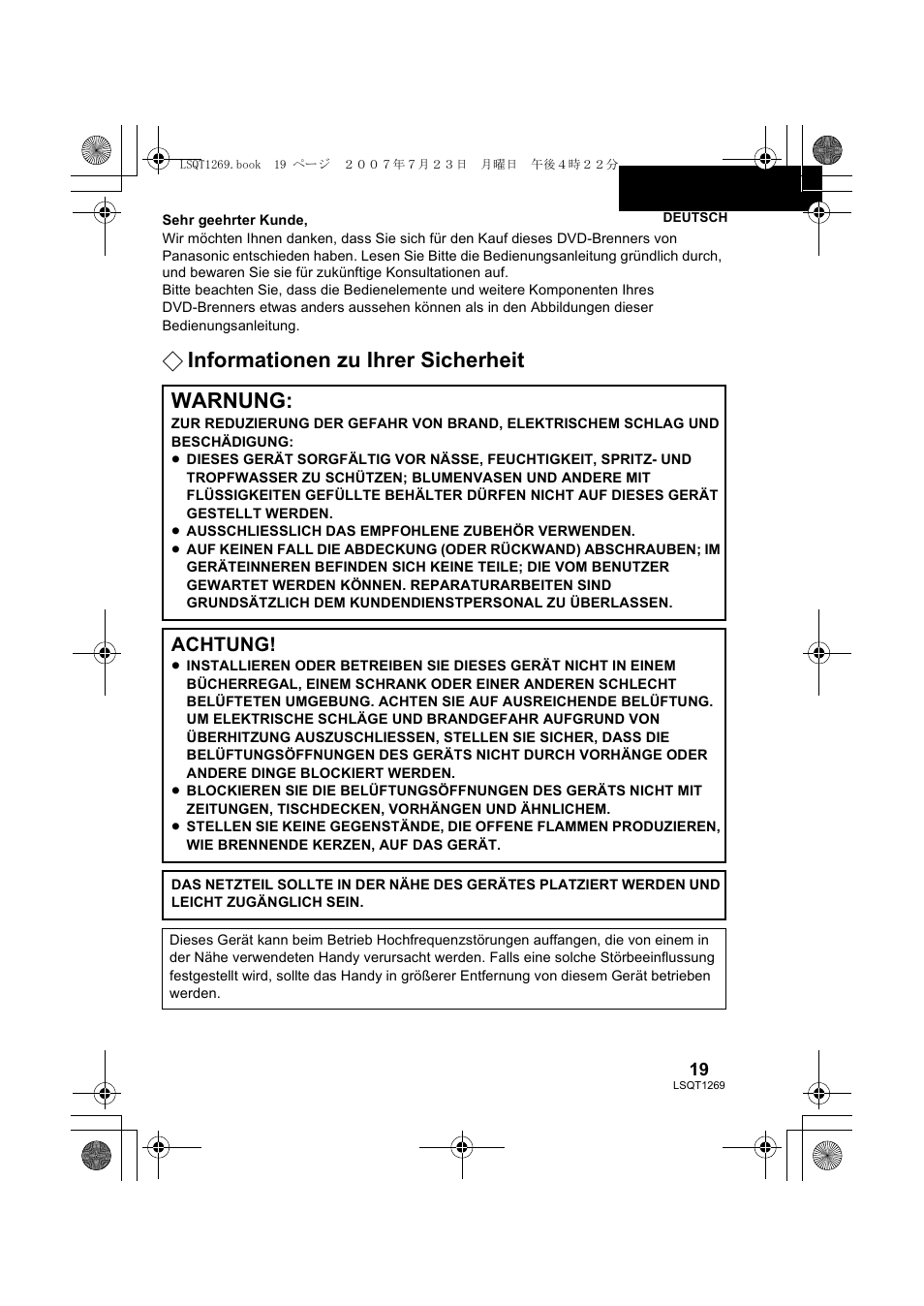 Informationen zu ihrer sicherheit warnung, Achtung | Panasonic VWBN1 User Manual | Page 19 / 104