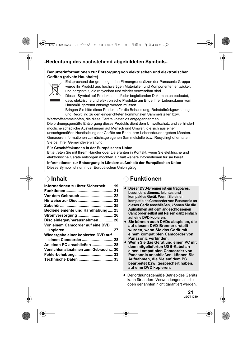 Inhalt, Funktionen, Bedeutung des nachstehend abgebildeten symbols | Panasonic VWBN1 User Manual | Page 21 / 104