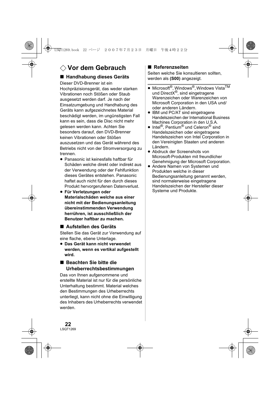 Vor dem gebrauch | Panasonic VWBN1 User Manual | Page 22 / 104