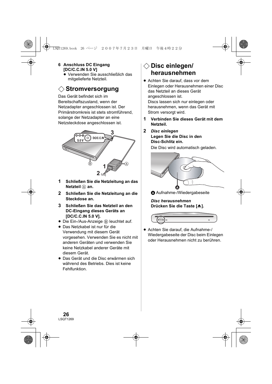 Stromversorgung, Disc einlegen/ herausnehmen | Panasonic VWBN1 User Manual | Page 26 / 104