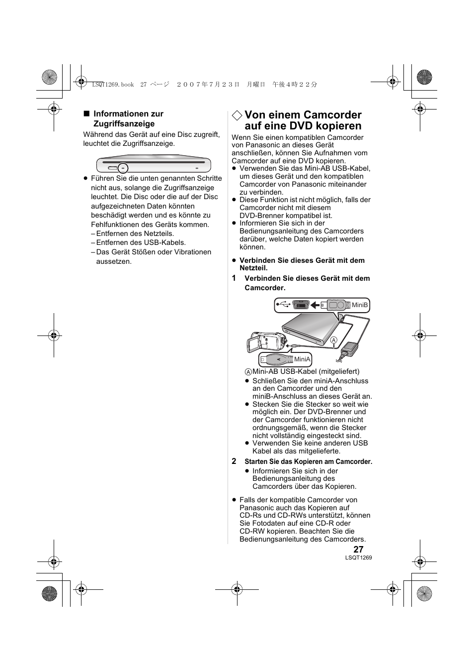 Von einem camcorder auf eine dvd kopieren | Panasonic VWBN1 User Manual | Page 27 / 104