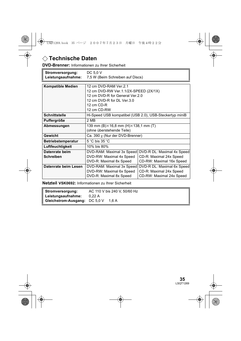 Technische daten | Panasonic VWBN1 User Manual | Page 35 / 104