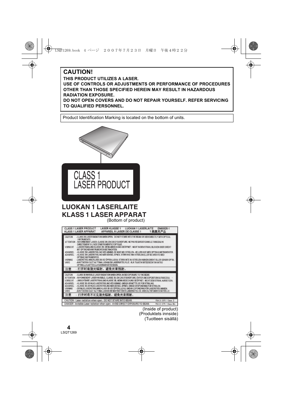 Luokan 1 laserlaite klass 1 laser apparat, Caution | Panasonic VWBN1 User Manual | Page 4 / 104