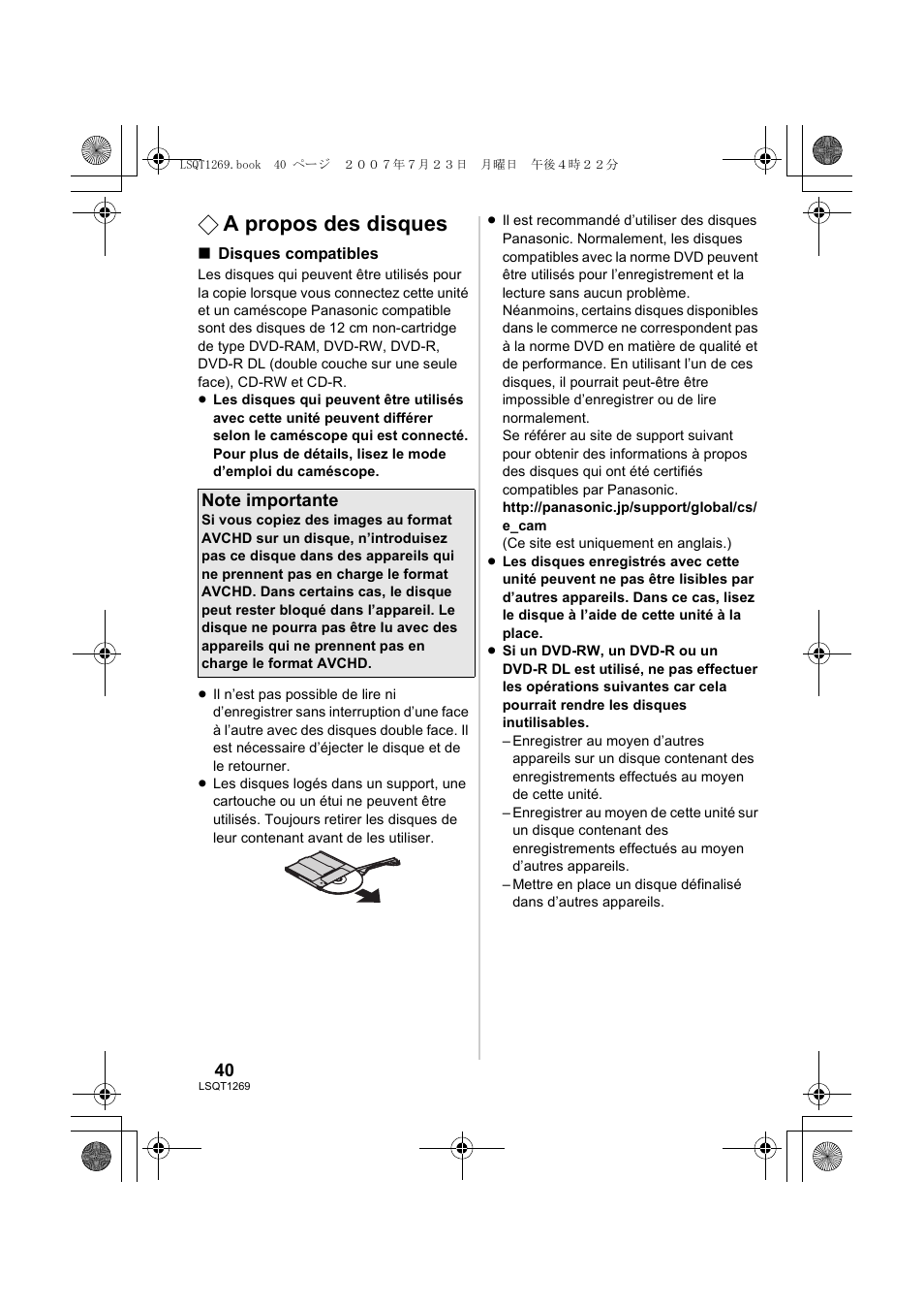 A propos des disques | Panasonic VWBN1 User Manual | Page 40 / 104