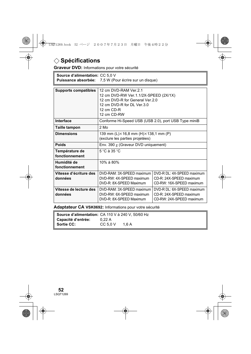 Spécifications | Panasonic VWBN1 User Manual | Page 52 / 104