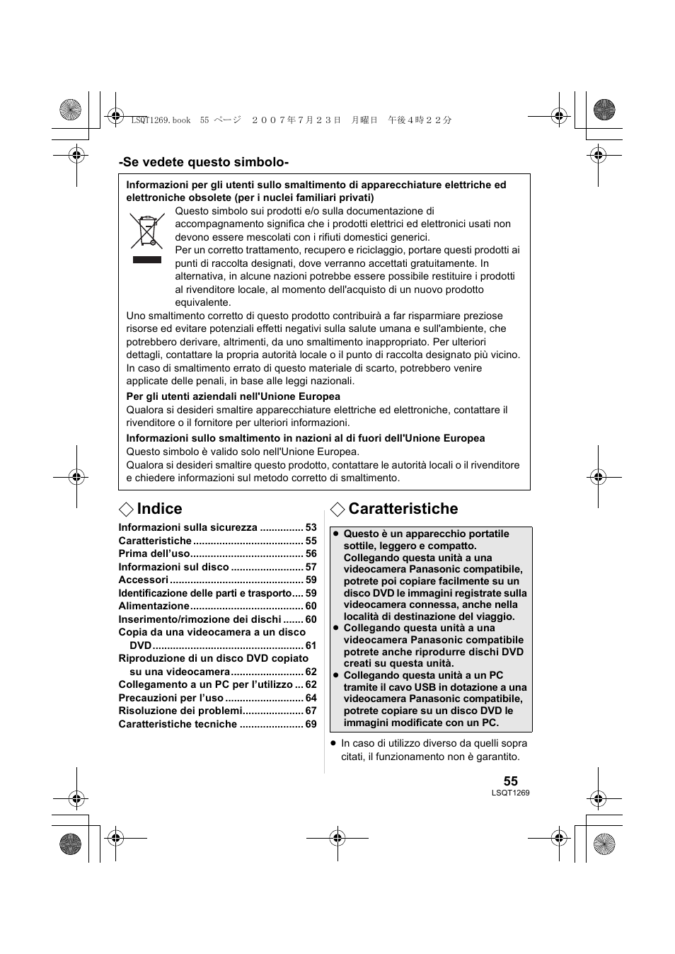 Indice, Caratteristiche | Panasonic VWBN1 User Manual | Page 55 / 104