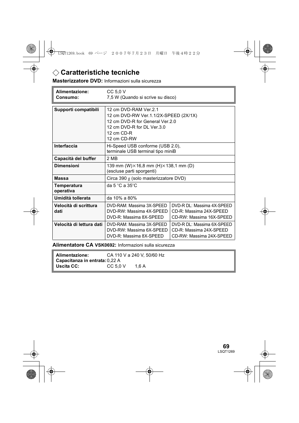 Caratteristiche tecniche | Panasonic VWBN1 User Manual | Page 69 / 104