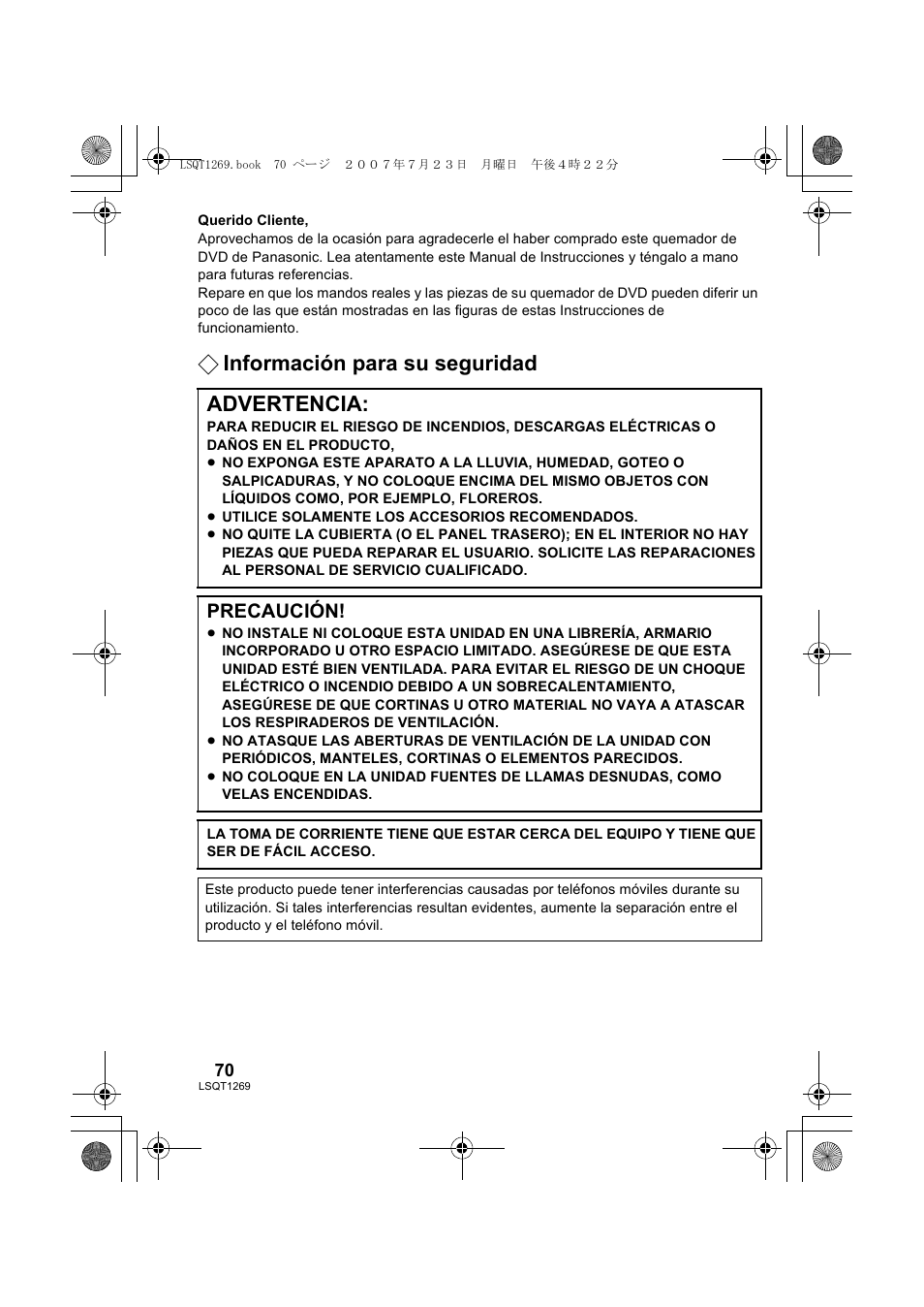 Información para su seguridad advertencia, Precaución | Panasonic VWBN1 User Manual | Page 70 / 104