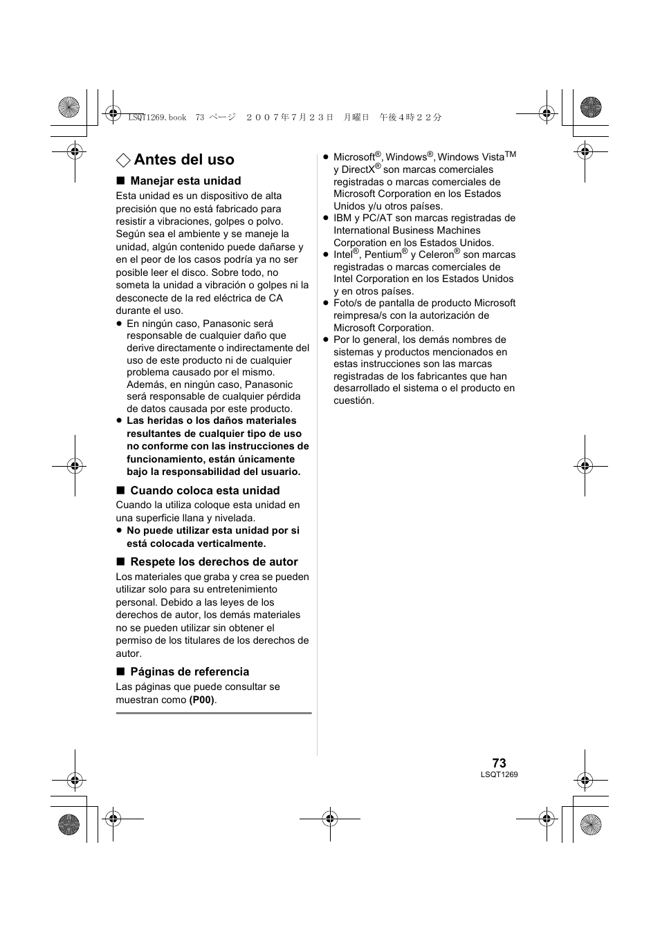 Antes del uso | Panasonic VWBN1 User Manual | Page 73 / 104