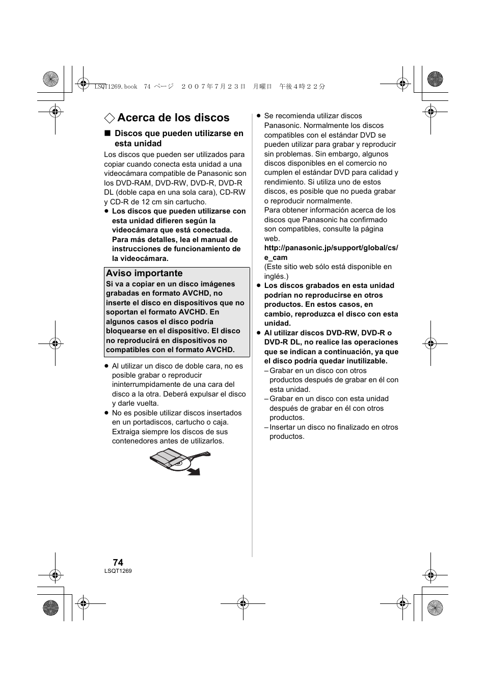 Acerca de los discos | Panasonic VWBN1 User Manual | Page 74 / 104