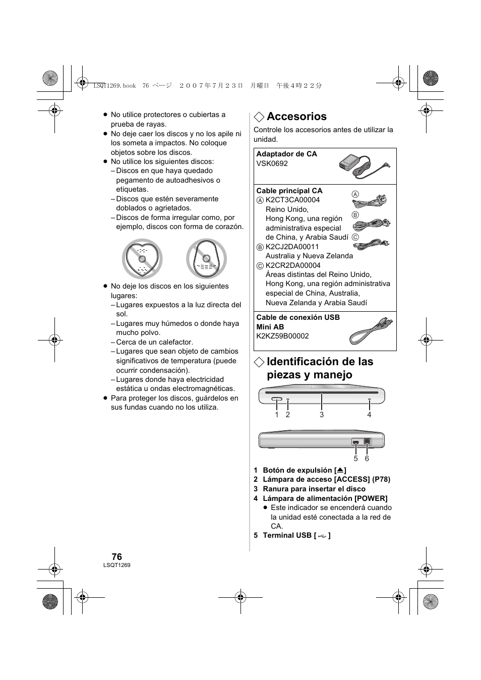 Accesorios, Identificación de las piezas y manejo | Panasonic VWBN1 User Manual | Page 76 / 104