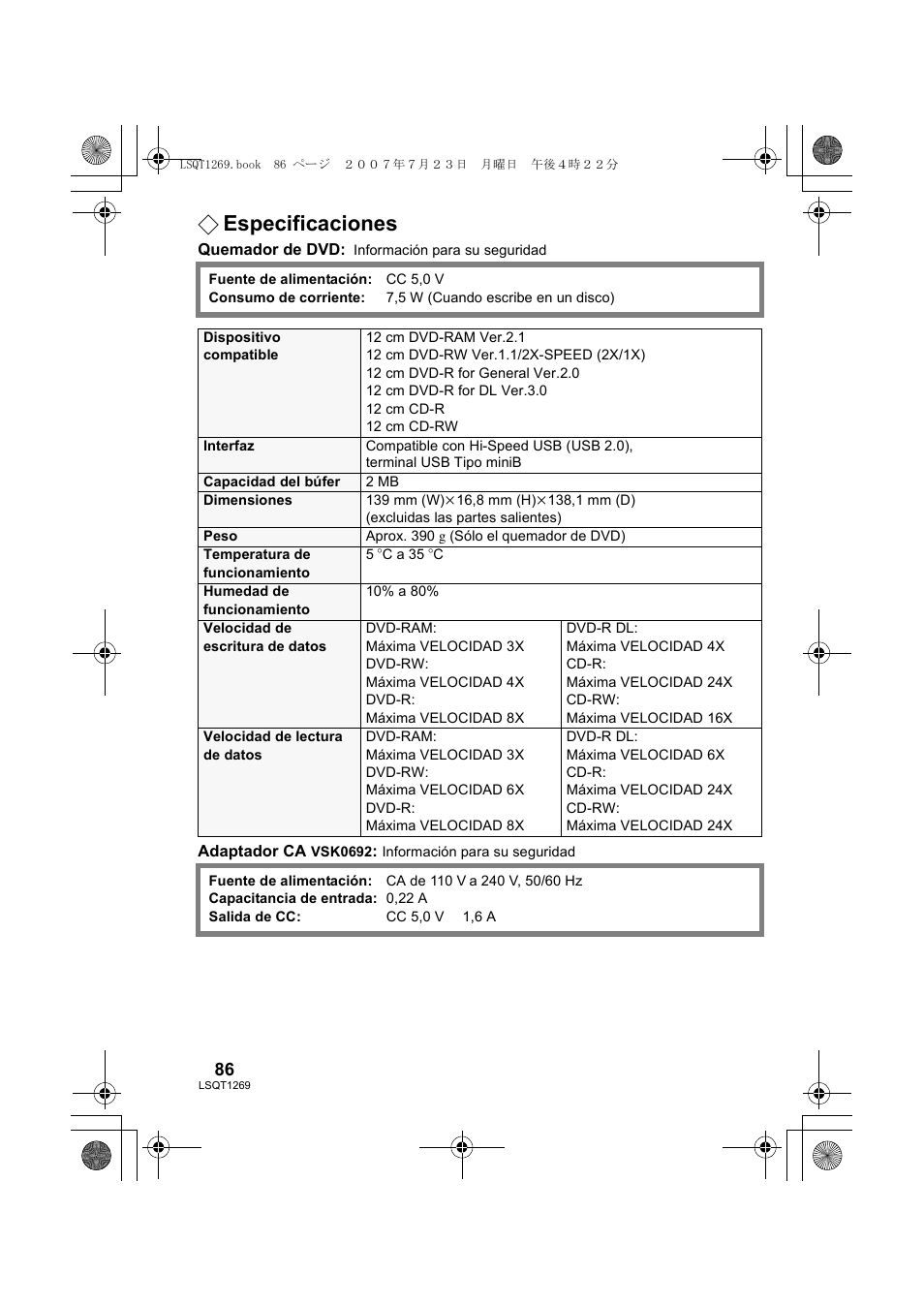 Especificaciones | Panasonic VWBN1 User Manual | Page 86 / 104