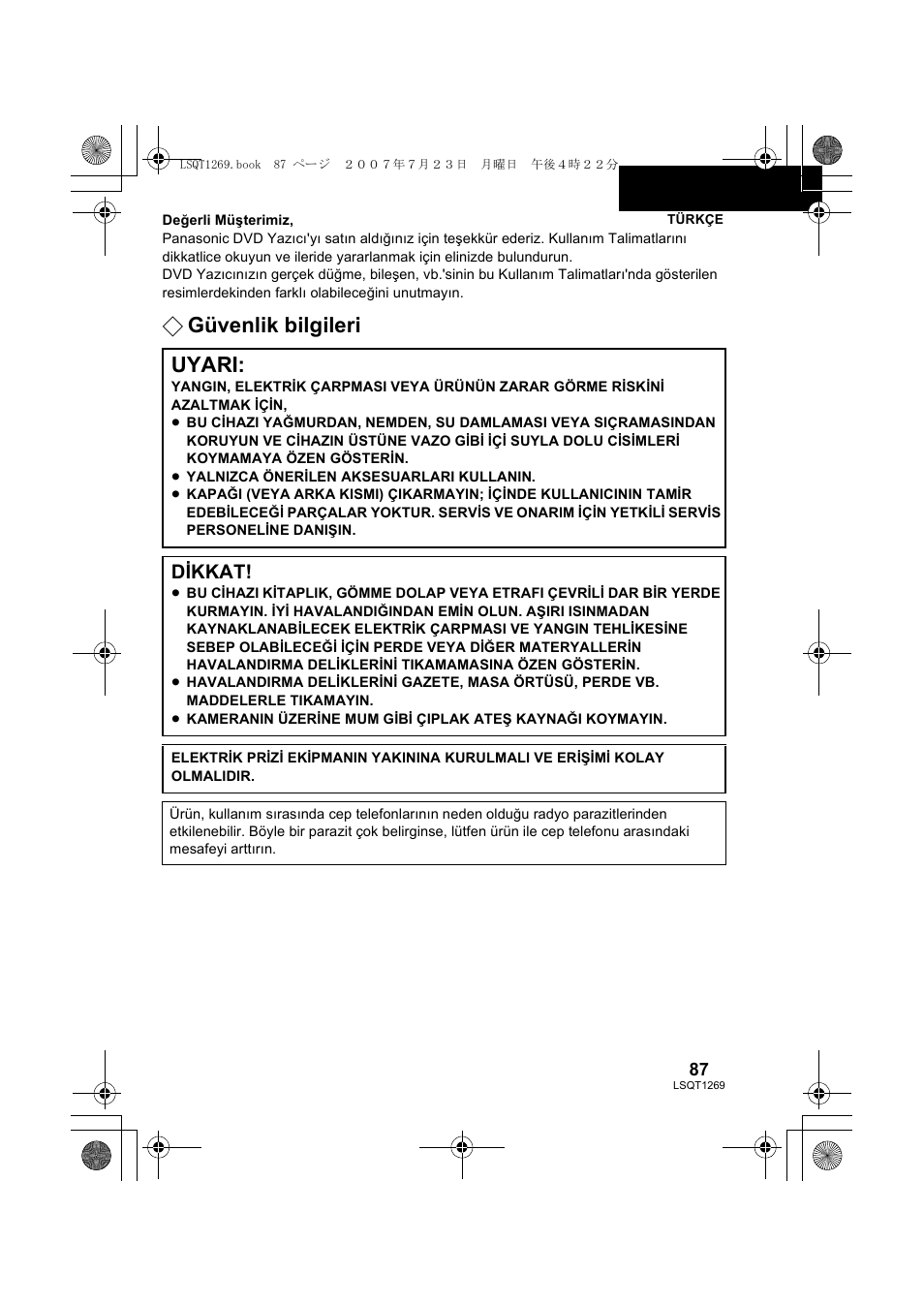 Güvenlik bilgileri uyari, Dikkat | Panasonic VWBN1 User Manual | Page 87 / 104