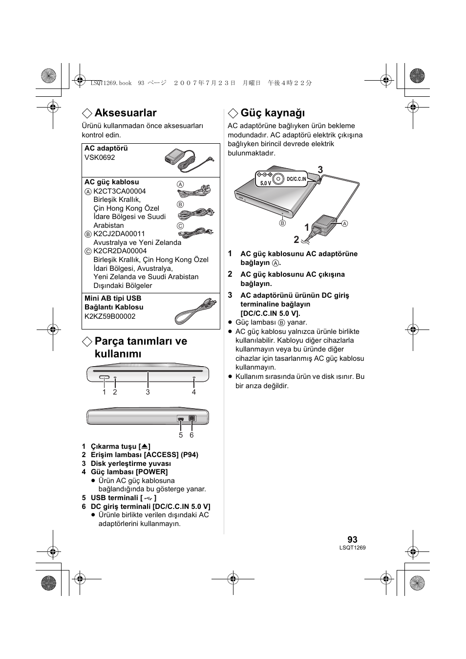 Aksesuarlar, Parça tanımları ve kullanımı, Güç kaynağı | Panasonic VWBN1 User Manual | Page 93 / 104