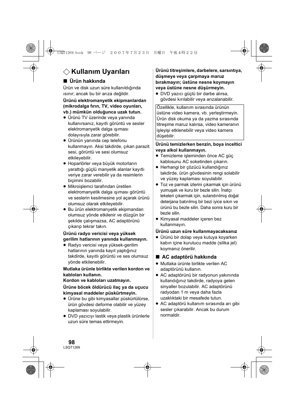 Kullanım uyarıları | Panasonic VWBN1 User Manual | Page 98 / 104