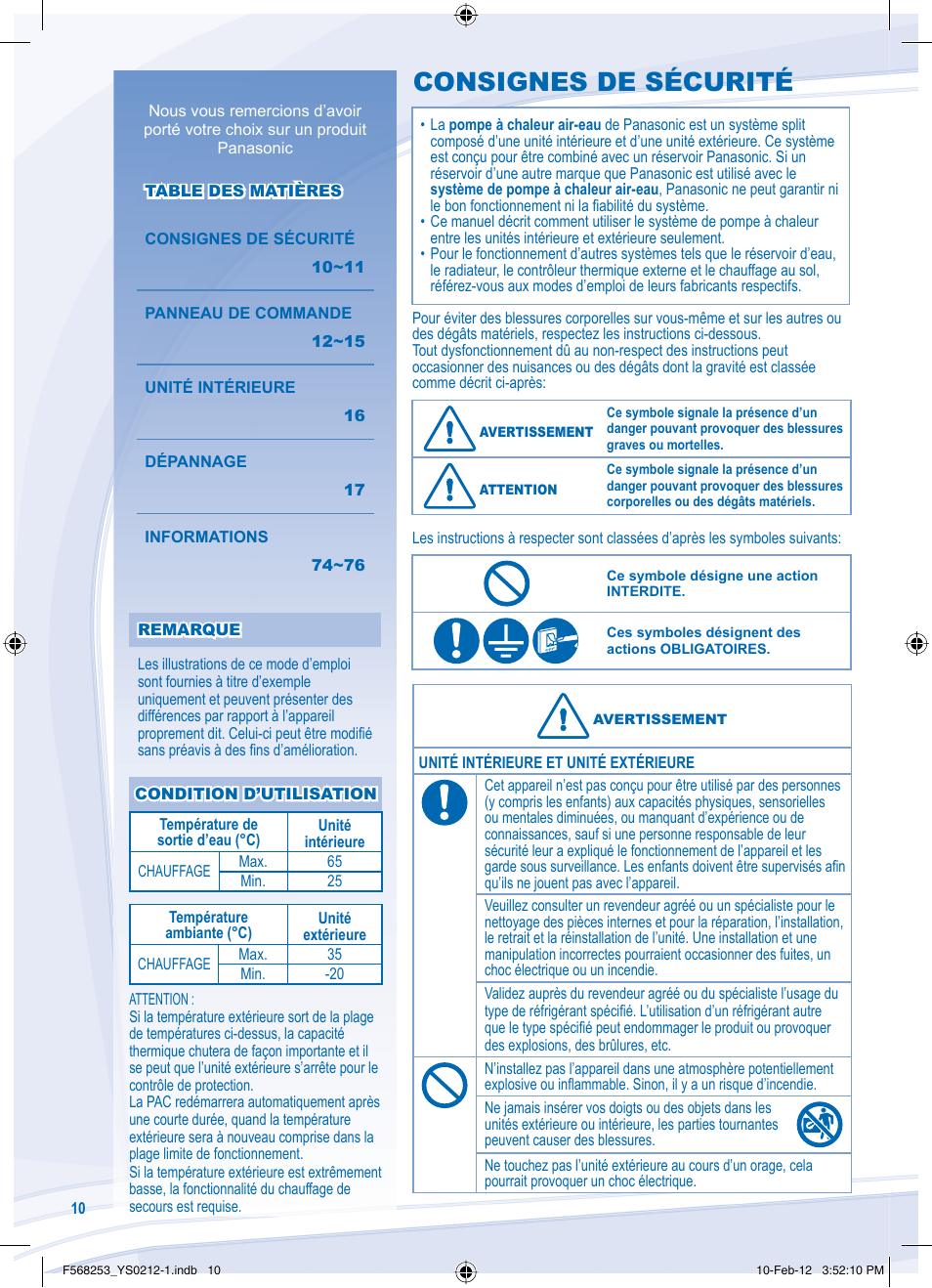 Consignes de sécurité | Panasonic WHUH09DE5 User Manual | Page 10 / 76