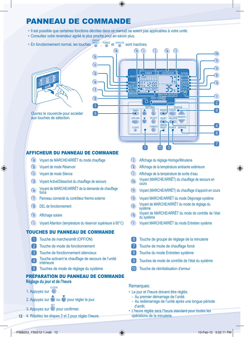 Panneau de commande, Configuration des fonctions spéciales, Afficheur du panneau de commande | Touches du panneau de commande, Remarques, Sont inactives, Appuyez sur ou pour régler le jour. 3. appuyez sur | Panasonic WHUH09DE5 User Manual | Page 12 / 76