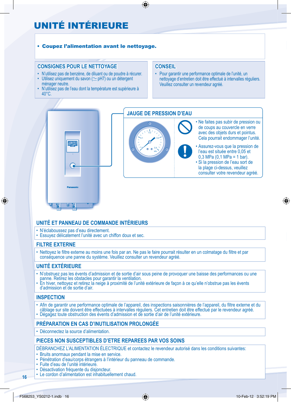 Unité intérieure | Panasonic WHUH09DE5 User Manual | Page 16 / 76