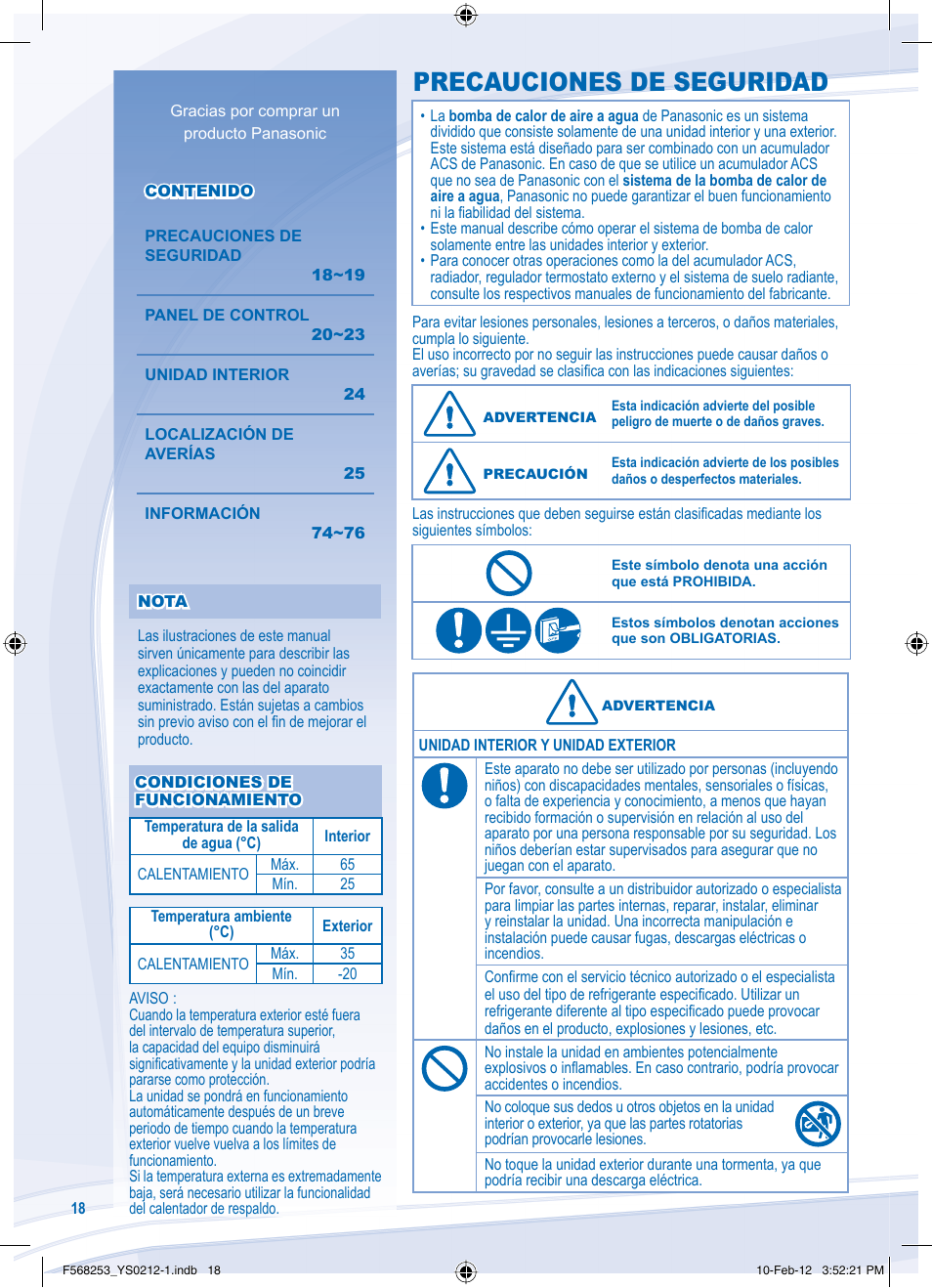 Precauciones de seguridad | Panasonic WHUH09DE5 User Manual | Page 18 / 76
