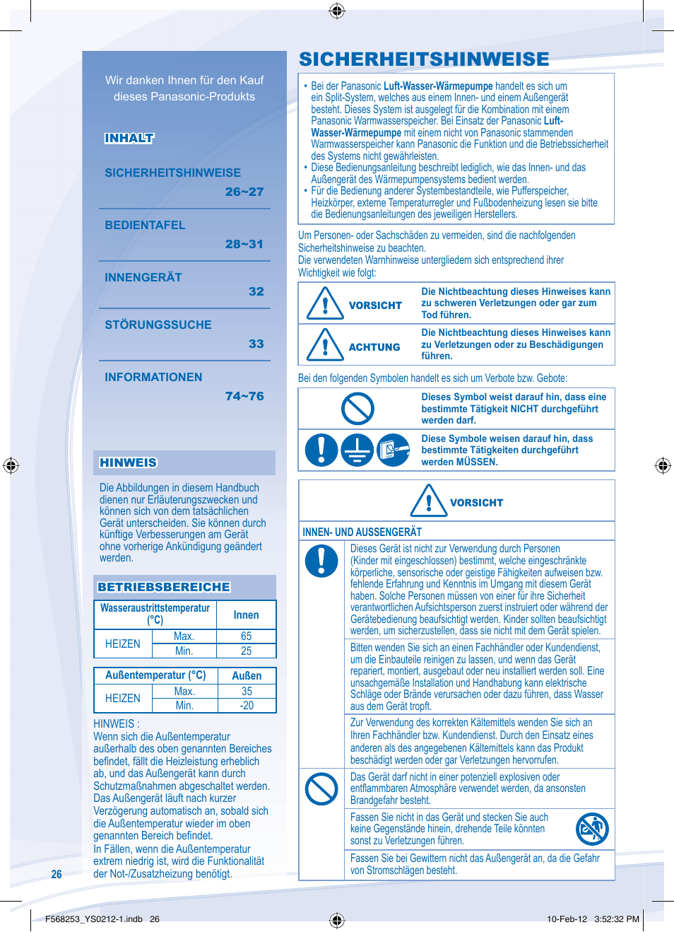 Sicherheitshinweise | Panasonic WHUH09DE5 User Manual | Page 26 / 76