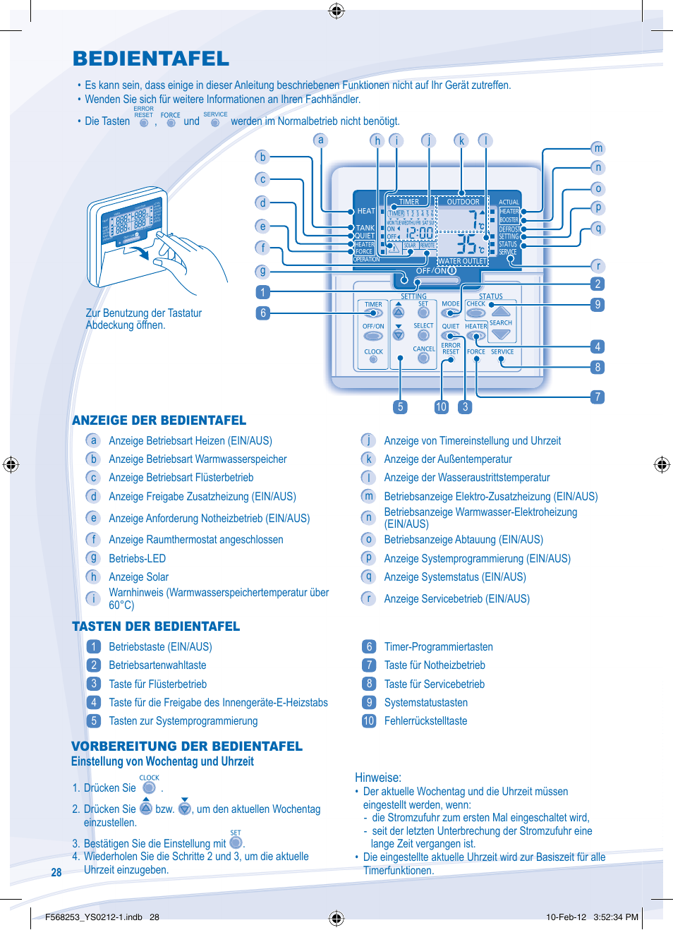 Bedientafel, Anzeige der bedientafel, Tasten der bedientafel | Programmieren von sonderfunktionen, Hinweise, Zur benutzung der tastatur abdeckung öffnen, Werden im normalbetrieb nicht benötigt | Panasonic WHUH09DE5 User Manual | Page 28 / 76