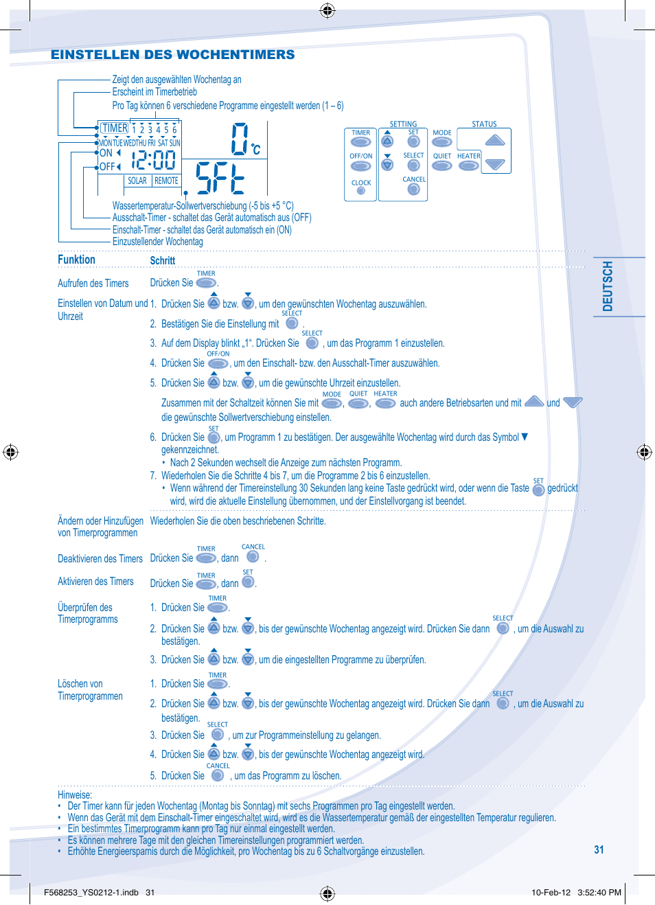 Deutsch, Funktion, Einstellen des wochentimers | Panasonic WHUH09DE5 User Manual | Page 31 / 76