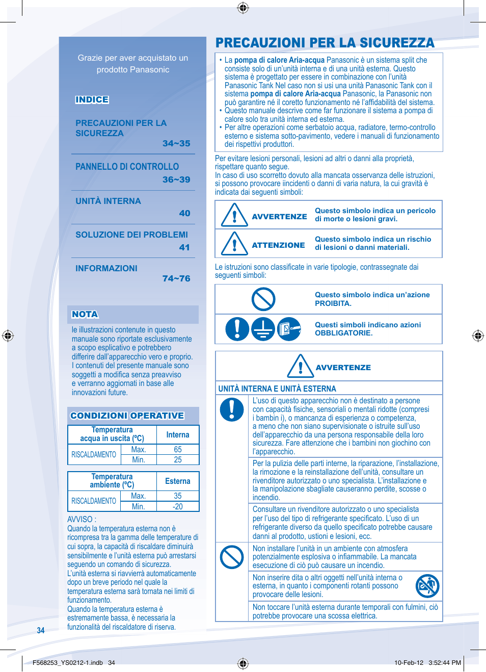 Precauzioni per la sicurezza | Panasonic WHUH09DE5 User Manual | Page 34 / 76