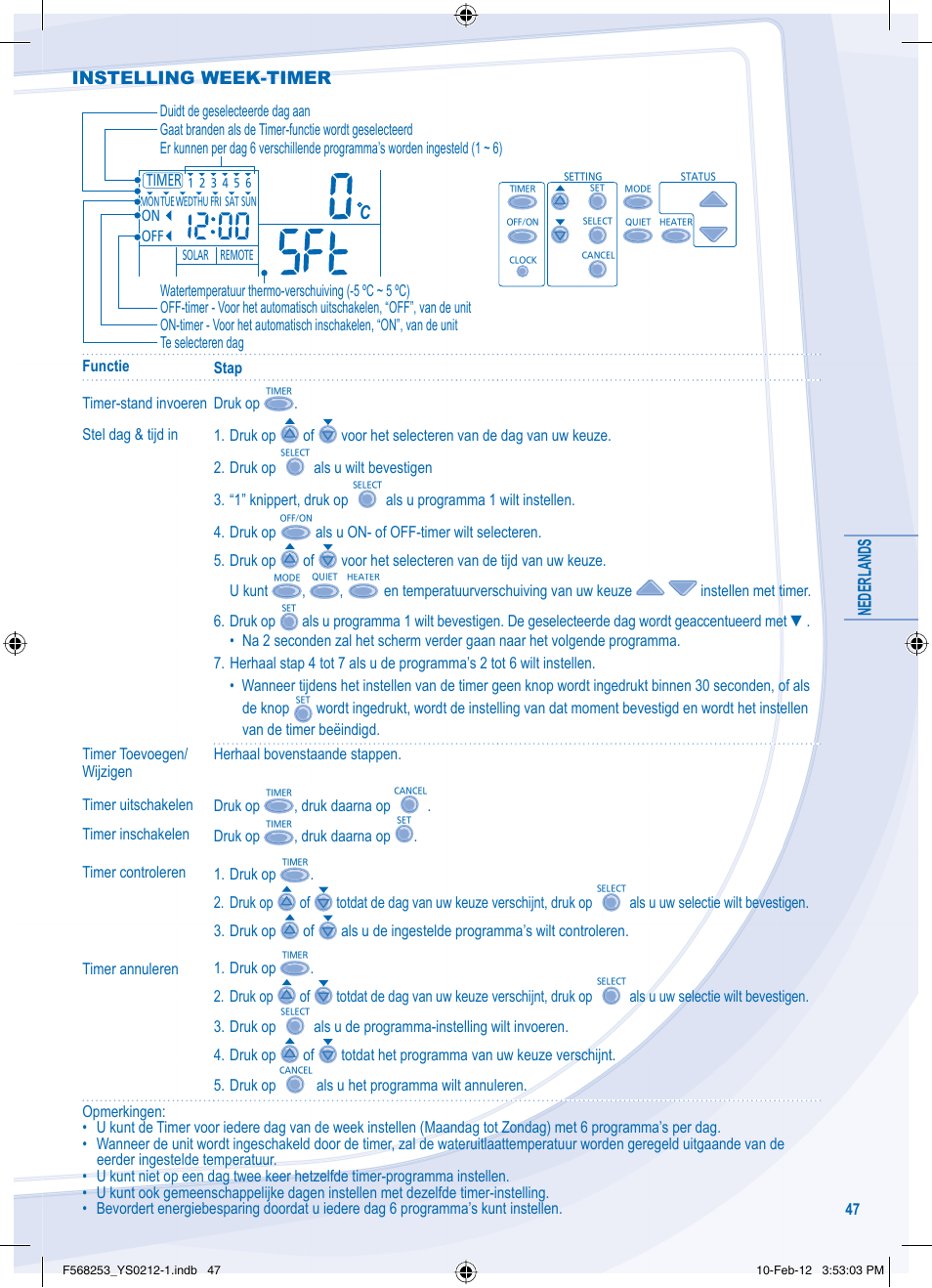 Nederlands, Instelling week-timer | Panasonic WHUH09DE5 User Manual | Page 47 / 76