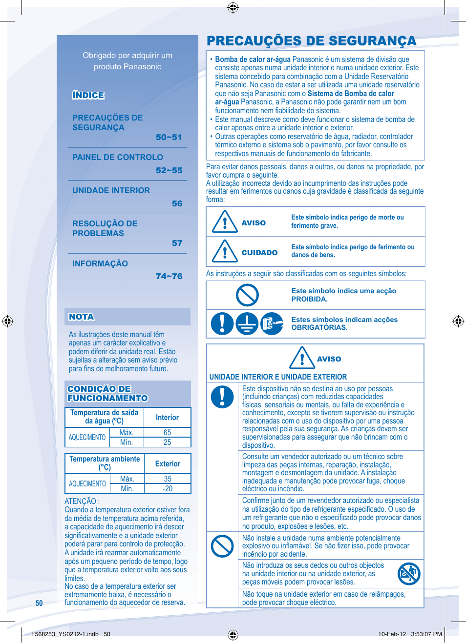Precauções de segurança | Panasonic WHUH09DE5 User Manual | Page 50 / 76