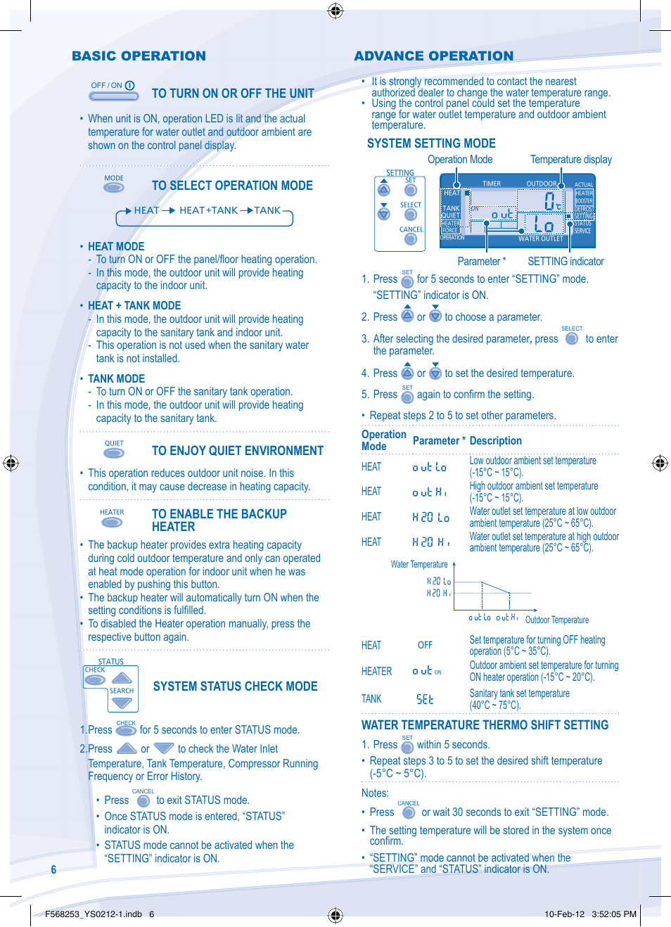 Basic operation, System status check mode, System setting mode | Water temperature thermo shift setting, Advance operation | Panasonic WHUH09DE5 User Manual | Page 6 / 76