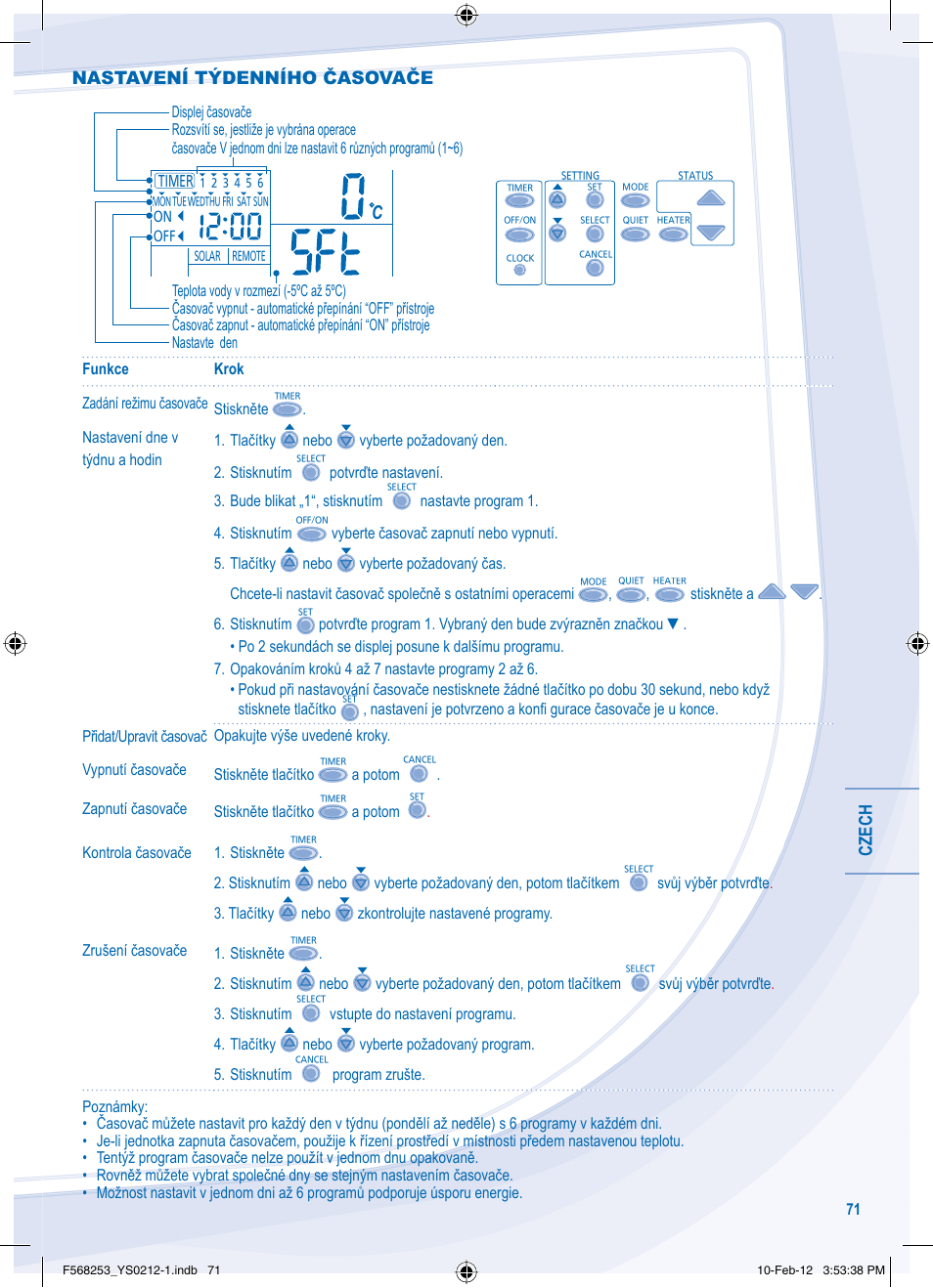Czech, Nastavení týdenního časovače | Panasonic WHUH09DE5 User Manual | Page 71 / 76