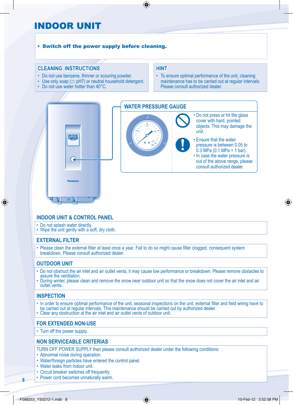 Indoor unit | Panasonic WHUH09DE5 User Manual | Page 8 / 76
