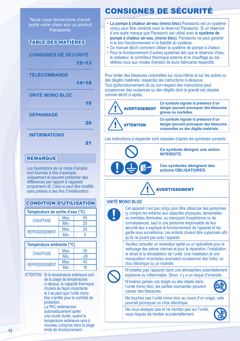 Consignes de sécurité | Panasonic WHMXC09D3E5 User Manual | Page 12 / 92