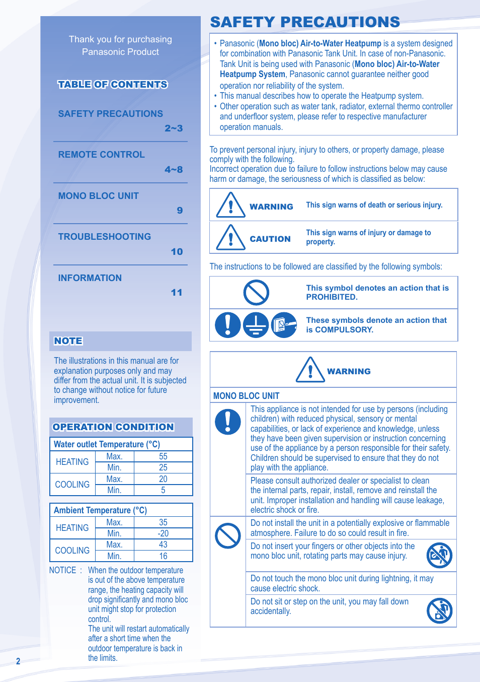 Safety precautions | Panasonic WHMXC09D3E5 User Manual | Page 2 / 92