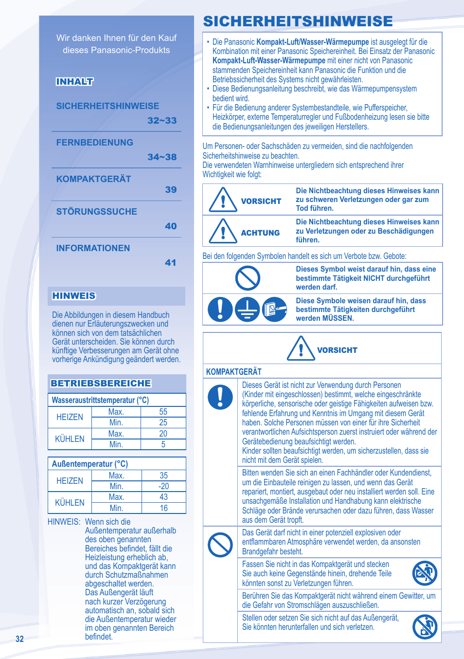 Sicherheitshinweise | Panasonic WHMXC09D3E5 User Manual | Page 32 / 92