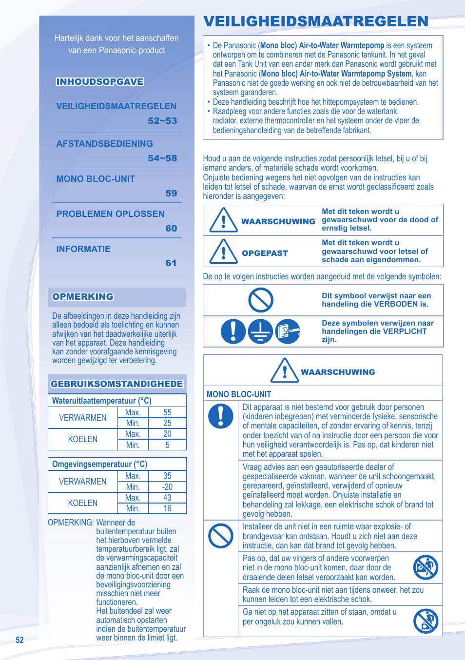 Veiligheidsmaatregelen | Panasonic WHMXC09D3E5 User Manual | Page 52 / 92