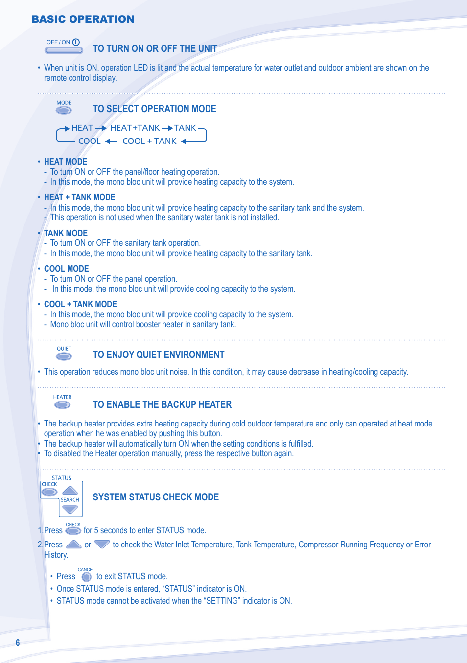Basic operation, System status check mode | Panasonic WHMXC09D3E5 User Manual | Page 6 / 92