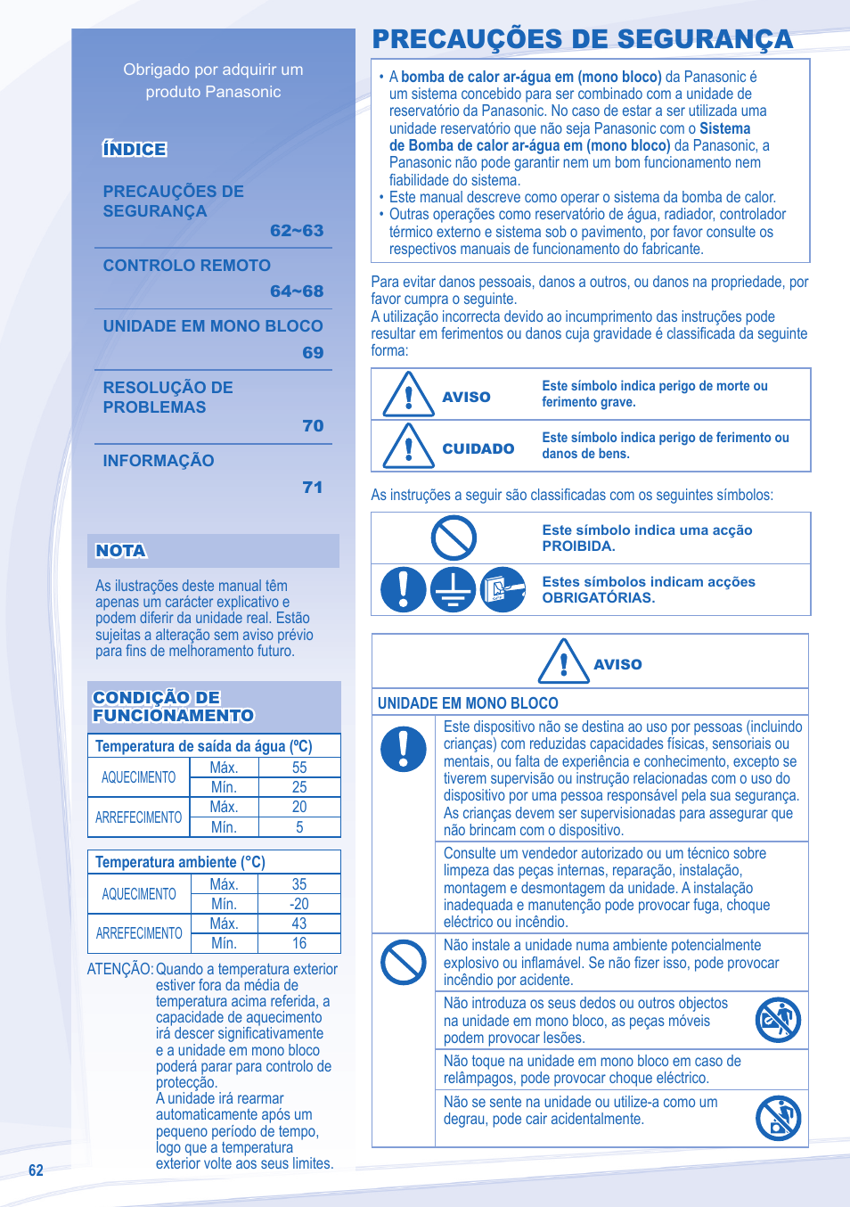 Precauções de segurança | Panasonic WHMXC09D3E5 User Manual | Page 62 / 92
