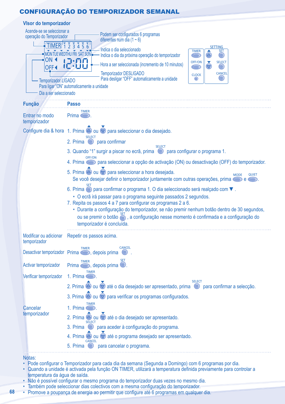 Configuração do temporizador semanal | Panasonic WHMXC09D3E5 User Manual | Page 68 / 92