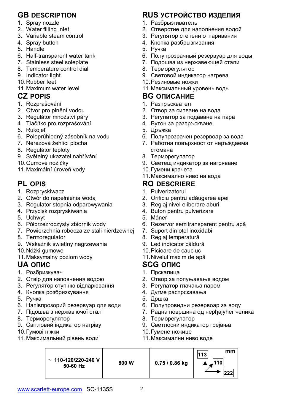 Ua scg | Scarlett SC-1135S User Manual | Page 2 / 29