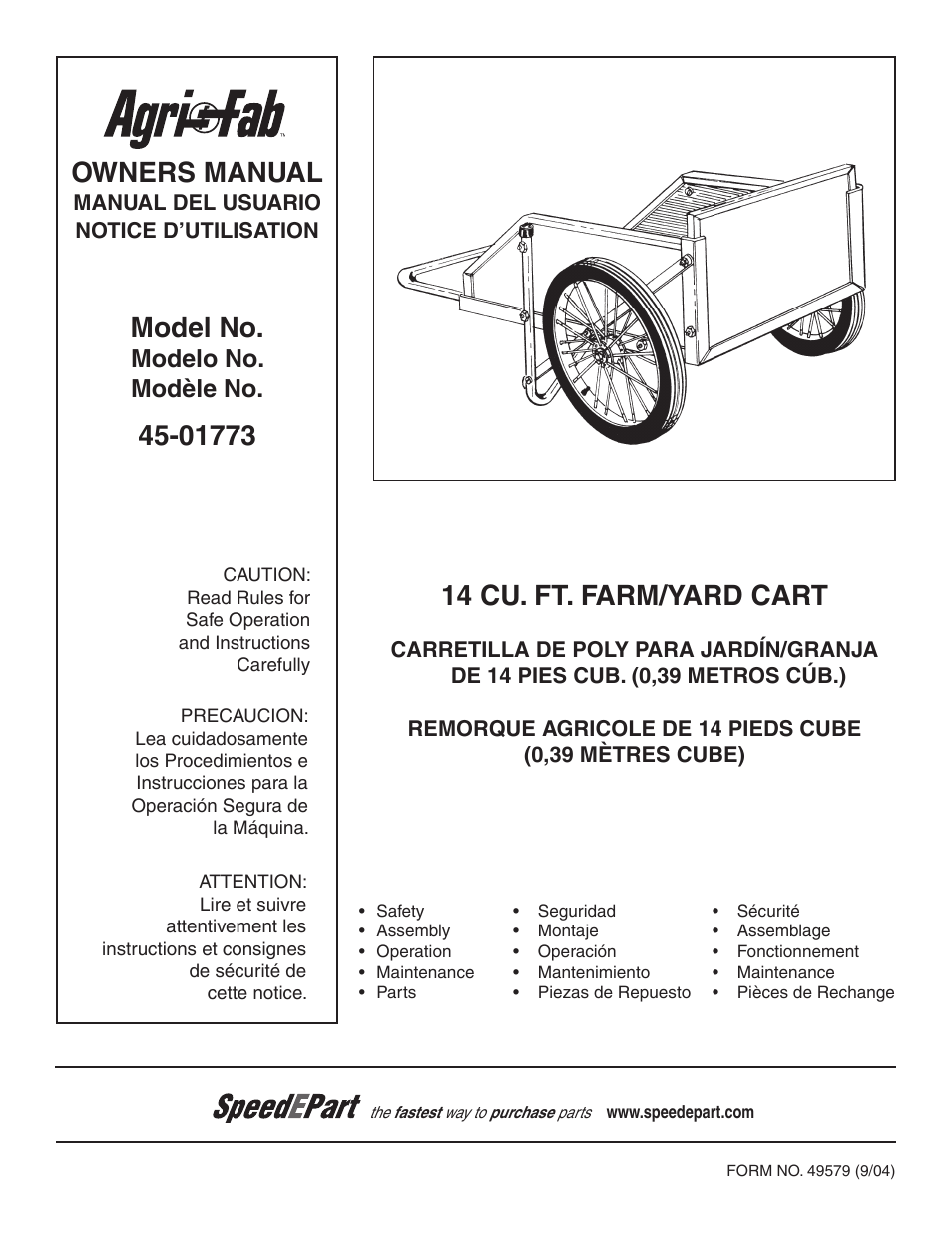 Agri-Fab 14 cu. ft. Farm/Yard Cart 45-01773 User Manual | 12 pages