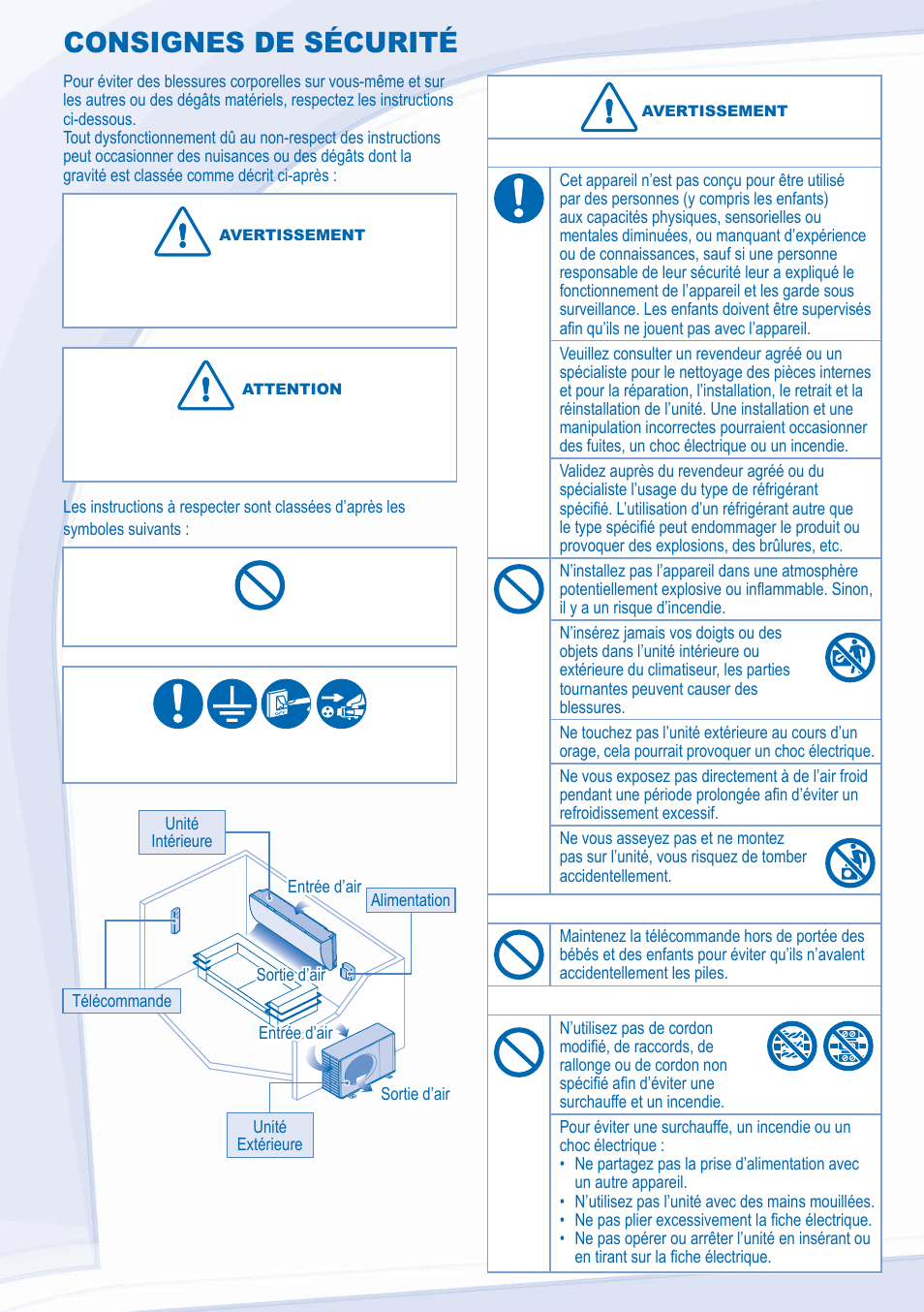 Consignes de sécurité | Panasonic CSXE15NKE3 User Manual | Page 12 / 52