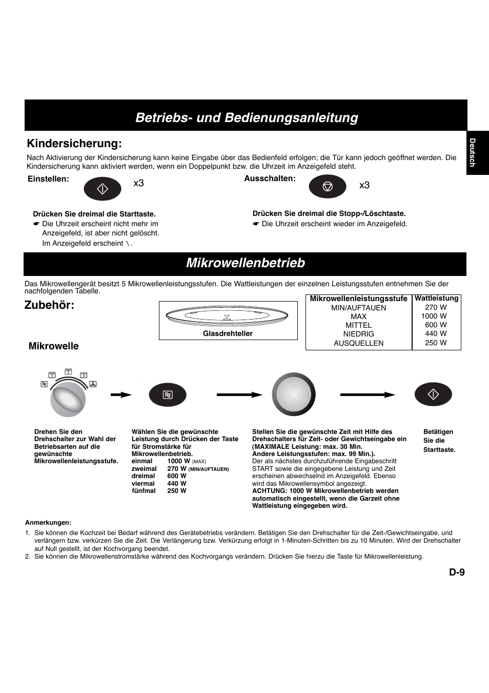 Mikrowellenbetrieb, Betriebs- und bedienungsanleitung, Zubehör | Kindersicherung, Mikrowelle | Panasonic NNL534MBWPG User Manual | Page 10 / 189