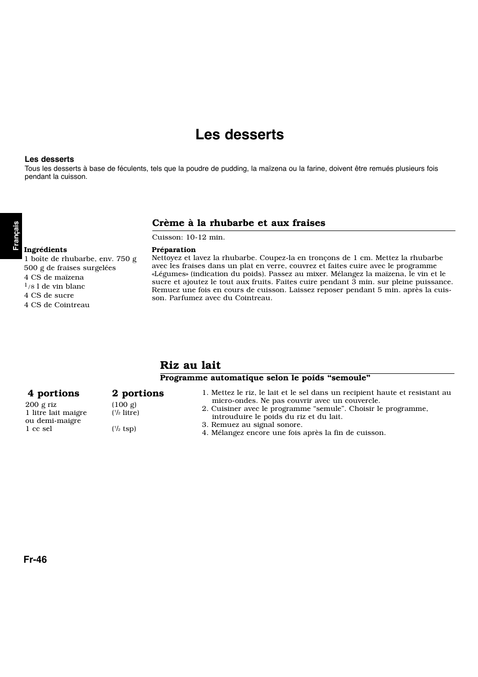 Les desserts, Riz au lait, Fr-46 | Crème à la rhubarbe et aux fraises, 4 portions 2 portions | Panasonic NNL534MBWPG User Manual | Page 103 / 189