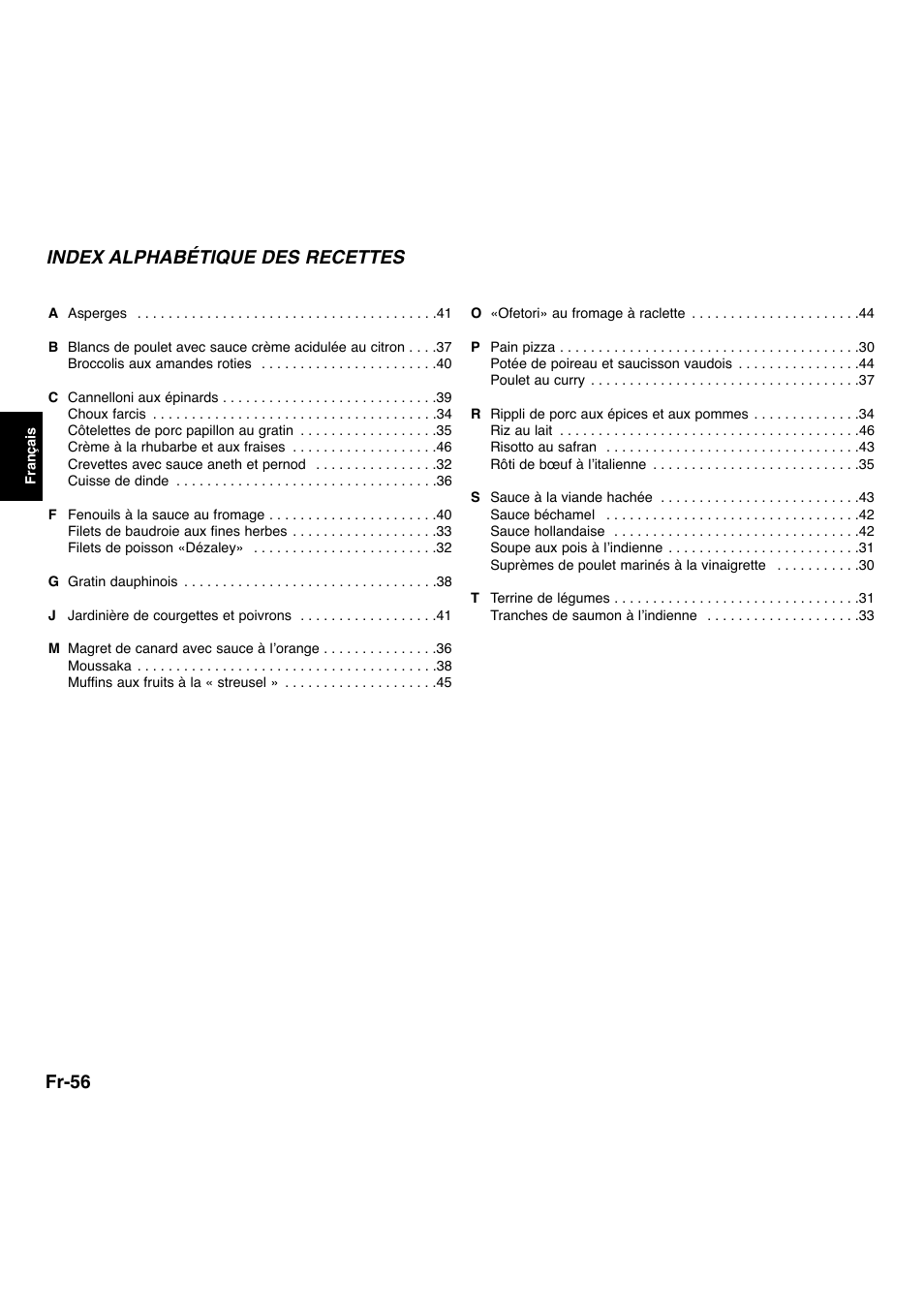 Fr-56, Index alphabétique des recettes | Panasonic NNL534MBWPG User Manual | Page 113 / 189